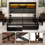 BRELTAM King Bed Frame with 6 Storage Drawers, Linen Upholstered Headboard, Built-in USB Charging Station & LED Lighting, Silent Metal Support, No Box Spring Needed, Vintage Black