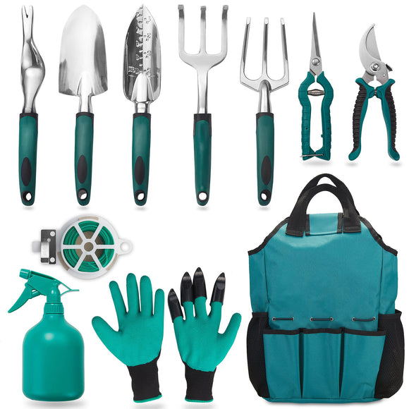 Garden Tool Set, 11 PCS Aluminum Gardening Hand Tools with Tote Bag, Ergonomic Handle, Gift for Mom, Garden Starter Kit for Women