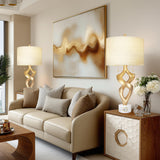 Scenekoy Sculptural Resin Table Lamp Set of 2 with USB Ports for Bedroom Living Room, 31” Big Gold Leaf Marble Base Bedside Lamps, Pull Chains Switch Modern Nightstand Lamp for Home Room Decor
