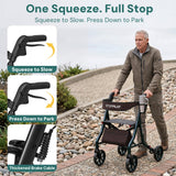 StepPilot Zero Wobble Rollator Walker with Seat for Seniors, 350lb Capacity, 18" Extra Wide Seat, 8" Wheels & Dual Brake, One-Hand Folds to 9.6", 7-Level Handle Adjustable, Cup Holder & Cane Clip