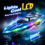 JOI MEW RC Boat for Kids with LED Lights, 2.4Ghz Remote Control Racing Boats for Ages 8-12,Toy Water Boat for Pools & Lakes with Waterproof,Rechargeable Battery, for Boys Girls Blue