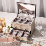 Homruilink High End Glass Jewelry Box for Women, 4 Layer, Gold Floral