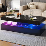 Nordivale 47” High-Glossy LED Coffee Table with 2 Sliding Drawers, Living Room Storage Coffee Tables, Modern Stylish Double-Layer Center Tables with LED Lights, Black