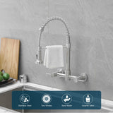 AIMADI Wall Mount Kitchen Faucets, 8-Inch Center Wall Mount Kitchen Sink Faucet with Pull-Down Sprayer,Modern Stainless Steel Design Double Lever Control