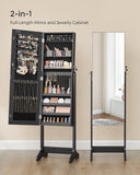 SONGMICS Jewelry Cabinet Armoire, Freestanding Lockable Storage Organizer Unit with 2 Plastic Cosmetic Storage, Full-Length Frameless Mirror, for Necklace Earring, Black UJJC002B01