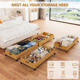 Under Bed Storage Containers with Wheels, 31.5” Large Handwoven Rattan Rolling UnderBed Storage Bins, Tool-free Assembly Natural Under The Bed Organizer Drawers for Bedroom, Sheets Clothes Blankets
