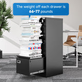 BYNSOE 3 Drawer File Cabinet with Lock Metal Vertical File Cabinet Office Home Narrow File Cabinet for A4 Legal/Letter Size,Assembly Required (Black, 3 Drawers-Vertical)