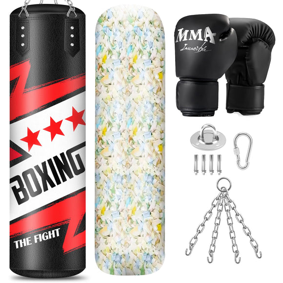 Filled Punching Bag for Adults, 4FT PU Leather Hanging Boxing Bag with 11lb Sponge Filler & 12OZ Boxing Gloves, Heavy Kicking Bag Boxing Equipment for MMA Training Karate Kickboxing YORWHIN