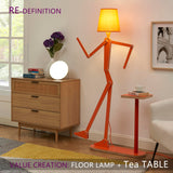 HROOME Unique Wood Floor Lamp Tea Table Storage for Living Room Bedroom Kids Bedside - Corner Reading Creative Swing Arm Standing Light for Home Office Farmhouse - LED Bulb Included (Orange Table)