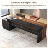L-Shaped Executive Office Desk with Open Storage Shelves & Drawers, Modern Computer Desk