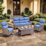 moosprr Luxury High Back Outdoor Furniture with 6-inch Extra Thick Cushions, Patio Furniture Set with Swivel Chairs, 4 PCS Wicker Conversation Set for Yard, Deck, Poolside, Brown/NavyBlue