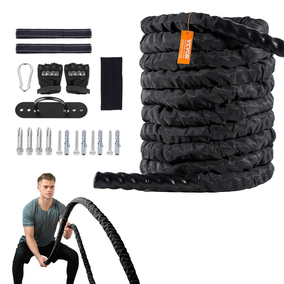VEVOR Battle Rope, 1.5 Inch Diameter 30Ft Length Polyester Exercise Rope, Battle Exercise Equipment with Protective Sleeve & Anchor, Heavy Weighted Rope for Home Gym Workout Core Strength Training VEVOR