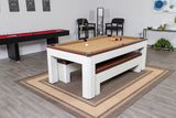 Hathaway Newport II 7 Foot Dining Pool Table Combo with Game Accessories, & 2 Benches – Multifunctional Billiards Table with Ping Pong & Dining Top – White Finish, Walnut Accents, Camel Felt