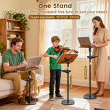 2 in 1 Dual-use Music Stand & Desktop Book Stand, Adjustable Height 16.5"-51", 100% Solid Wood Laptop Floor Stand Book Holder with Elastic Page Clips for Cookbooks (Black Walnut with Tray)