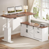 55 inch Height Adjustable Corner Desk with Storage Drawers, Standing Computer Desks with Power Outlets for Home Office