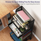 SWTYMIKI 10-Tier Rolling File Cart - Mesh Paper Organizer with Drawer and Hanging File Folders on Lockable Wheels, Rolling File Cabinet, Black