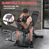 XDDIAS Workout Bench, Adjustable Weight Bench with Leg Extension and Leg Curl, Extended Headrest, 900LBS Preacher Curl Bench Incline Decline Flat Workout Bench with A Pair of 55LB Adjustable Dumbbells