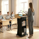 Podium Stand with Metal Wheels Wooden Teacher Lectern Portable Pulpit Standing
