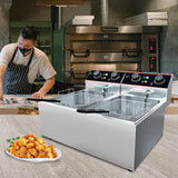Commercial Deep Fryer with Basket, 12.6 QT Stainless Steel Electric Countertop Fryer with Double Tanks and Temperature Control
