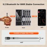 Wireless Meat Thermometer with Smart Timer & APP Alerts, 800ft Bluetooth Grill Food Thermometer, 4 X 0.19In Ultra Thin Probes, ±0.5℉ Accuracy, Big Digital Backlit Screen