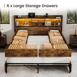 BRELTAM King Storage Bed Frame with 6 Drawers, USB Charging Station, No Noise, No Box Spring Required, Vintage Brown Headboard Platform Bed