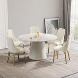 Montary 53” Modern Round Dining Table for 4-6 People, Minimalist Artificial Marble Kitchens Table with Beige Plywood PU Base, Snow Mountain White Sintered Stone Top Dining Room Table