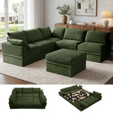 NABUMI 142" Modular Sectional Sofa with Storage, Oversized L-Shaped Boneless Couch with Ottoman, 27" Deep Seat Memory Foam Corduroy 6-Seater Cloud Couches for Living Room, Tool-Free Assembly, Green