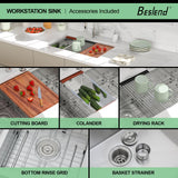 Beslend 30 Undermount Kitchen Sink - 30x19 Double Bowl Kitchen Sinks Workstation 16 Gauge Stainless Steel Sink Low Divide Double Basin 50/50