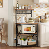 Furologee Kitchen Bakers Rack with Power Outlet, Microwave Oven Stand with Storage 4 Tiers, Coffee Bar Table with 6 S Hooks, Kitchen Storage Shelf Rack for Spices, Pots, Rustic Brown