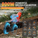 Cordless Electric Tiller for Gardening, Garden Tiller, Cordless Cultivator, Rototiller, 800W Brushless Motor w/ 2X 6.0Ah Batteries, 9" Tilling Width & 6.6" Depth, 360 RPM, 4 Steel Blades, Hand Tiller