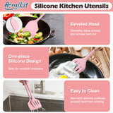 Homikit 15-Piece Kitchen Utensil Set, Silicone Cooking Utensils Spatula Set with Holder for Nonstick Cookware-Pink