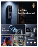 Anona 3K Dual Cam Video Doorbell Camera Wireless No Subscription with Chime