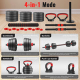 Fitvids 60lbs 4in1 Adjustable Dumbbell Set, Multi-Functional Changeable Dumbbell and Barbell Kettlebell Set