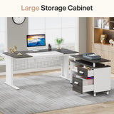 Tribesigns 63 Inch Executive Desk with File Cabinet, L Shaped Office Desk with Drawers and Storage Shelves, Business Furniture Set Workstation for Home Office, Gray and White