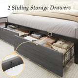 Lifezone Queen Bed Frame with 2-Tier Storage Headboard, Metal Bed Frame with Storage Drawers & Built-in Charging Station & LED, Noise-Free, No Box Spring Needed, Easy Assembly, Rustic Grey