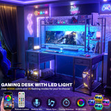 Desk with LED and Outlets, Gaming Desks with Hutch, 55.2'' Computer Desk with Drawers, Reversible Office Desk