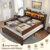 EnHomee Queen Bed Frame with 4 Storage Drawers and Headboard,LED Lights & Charging Ports,Wooden,No Box Spring Needed for Apartment,Heavy-Duty Structure,Noise-Free,Brown