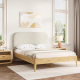 KISLOT Wood Bed Frame with USB & Type-C Charging, Boucle Platform Bed with Upholstered Headboard Mattress Foundation No Box Spring Needed Easy Assembly