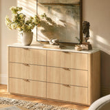 ModernMate 6 Drawer Dresser for Bedroom, 54" Clothes Dresser with Smooth Glide Drawers & Faux Travertine Texture Top, Modern Tall Chest of Drawers with Metal Handles for Bedroom Storage, Beige