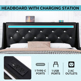 Holiway Full Size Bed Frame with LED Lights and Charging Station, Wingback Upholstered Headboard with Diamond Tufted, Solid Wooden Slats Support, Noise-Free, Easy Assembly, Black