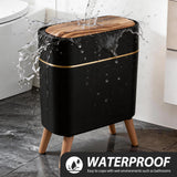 Trash Can, 2.6 Gallon/10L Bathroom Trash Can with Lid - Wood Grain Lid and Legs, Touchless Waterproof Garbage Bin for Bedroom