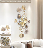 JXQXYN Clocks for Living Room, Large Wall Clock, 3D Silent Wall Clock, Retro Metal Ginkgo Leaf Design, for Bedroom Kitchen Decorative Wall Clocks（32''x18'' ）
