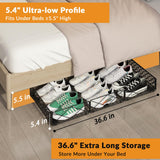 NADAMOO 5.4 in Low Profile Under Bed Storage, 36.6" Ultra Long Metal Underbed Organizer with 6 Smooth Rolling Wheels, 110 lbs Heavy Duty Foldable Under Bed Container for Shoes, Clothes, Toys, 2 Packs