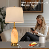 AIDENOEY 26" Modern Art Glass Table & Bedside Lamp, Stepless Dimmable Base + Dimmable 3-Color Light, USB A/C Charging Ports, Touch Control & Switch for Bedroom, Living Room, Office, Study