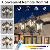 Luminzone 3-Head Outdoor Solar Lamp Post Lights with High Posts, Dusk to Dawn Remote Control Waterproof Exterior Pillar Lantern 3 Lighting Mode Modern Street Light for Garden Walkway