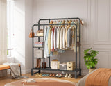 Double Rods Clothes Rack Clothing Rack with 4 Tier Storage Shelves Clothes Rack for Hanging Clothes Multifunctional Heavy Duty Clothes Organizer with Hooks for Bedroom,Wardrobe Closet,Shop,Black