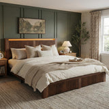 Homkdom King Bed Frame with 2 Drawers and Mid-Century Wooden Wavy Panel Headboard,Charging Station&LED Lights,Heavy Duty Steel,Noise-Free,No Box Spring Needed,Easy Assembly,Walnut