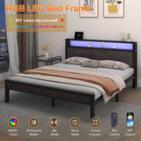 HAY Full Size Bed Frame with 2-Tier Storage Headboard, Metal Platform Bed with Charging Station and LED Light, Metal Support, Noise Free, No Box Spring Needed, Grey