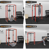 Power Cage with LAT Pulldown, Multi-Functional Power Rack with Cable Pulley System and J-Hooks, Squat Rack with Dip Bars and Landmine Attachment, Weight Cage (Black/Red)