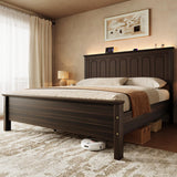 Uteeran Queen Size Bed Frame with Tall Headboard, Mid Century Modern Wood Platform Bed with Charging Ports and LED Lights, Solid Wood Slat Support, No Box Spring Needed, Easy Assembly, Walnut Brown